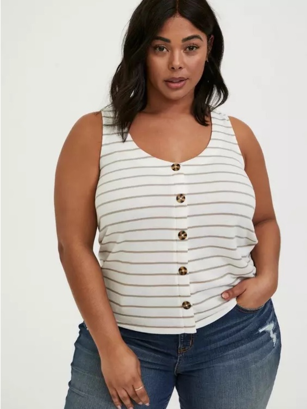 torrid Cream & Tan Striped faux Button-Front Tank - flaw